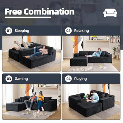 106" Cloud Sectional Couch with Chaise Lounge, L-Shape Modular Sectional Boneless Sofa with Deep Seat, Upholstered Couches for Living Room Bedroom, No Assemble, Black (Plush Corduroy Fabric)