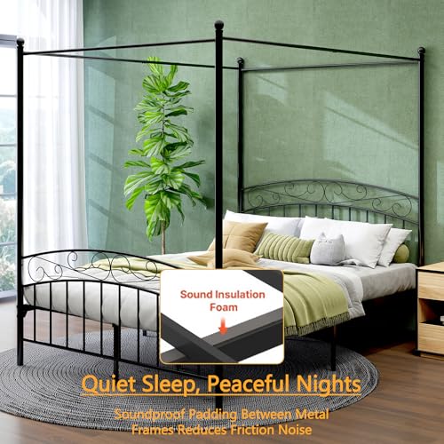 Metal Canopy Bed Frame Queen Size Four-Poster Black, view 6