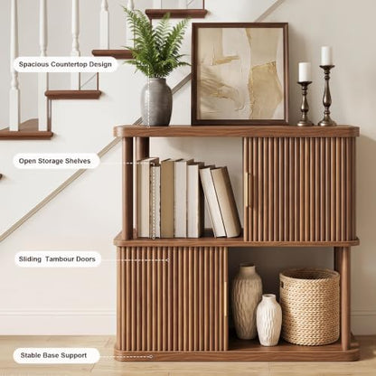 2-Tier Walnut Bookshelf 4-Cube Display Bookcase with Sliding Doors, view 4