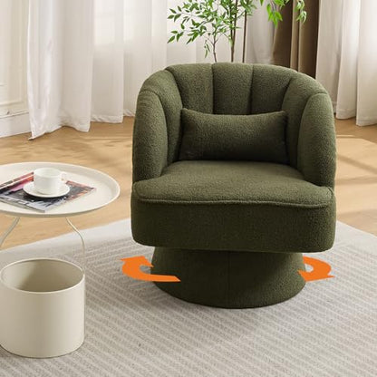 Modern Swivel Barrel Accent Chair, 360° Teddy Fabric Upholstered Armchair with Striped Backrest & Plush Padding, Comfy Round Lounge Chair for Living Room, Bedroom, Reading Nook, Green