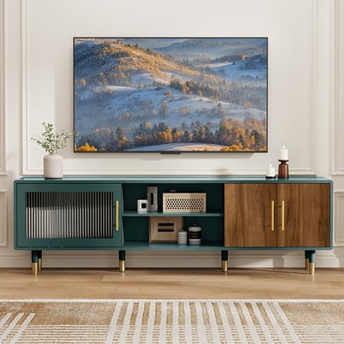 TV Stand with Glass Sliding Door, Mid Century Modern TV Cabinet, view 4