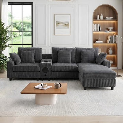 114" Corduroy Modular Sectional Couch with Built-in Speakers & USB Ports, Deep Seat L Shaped Couch with Storage Console, Cup Holders, Movable Ottoman, Cloud Comfy Gaming Sofa for Living Room (Gray)