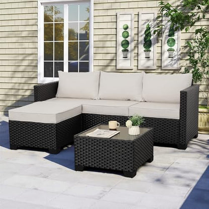Outdoor Furniture Set 3 Pieces Wicker Patio Furniture Outdoor Sectional Patio Couch Outdoor Coffee Table All-Weather Non-Slip Cushions Waterproof Covers, Khaki