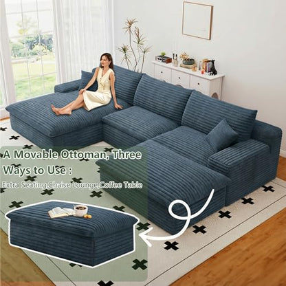 107" Cloud Couch Modular Sectional Sofa for Living Room, U-Shape Boneless Couch with Deep Seat, Modern Corduroy 3-Seater with Ottoman, No Assembly Required (Blue,Left-Facing Chaise)