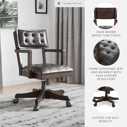 Signature Design by Ashley Breckington Contemporary Faux Leather Tufted Home Office Desk Chair with Adjustable Height and Casters, Solid Wood, 28.75" W x 28.75" D x 38" H, Dark Brown