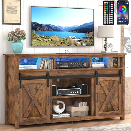 57In Wooden Farmhouse Entertainment Center for 60/65 inch TV,Double Layer Storage Farmhouse TV Stand,Double-Row Sockets with Wood Sliding Barn Door TV Stand, Double Layer Vintage Brown