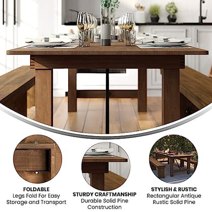 Hercules Series 9' x 40" Rustic Solid Pine Folding Dining Table, Rectangular Antique Farmhouse Dining and Event Extension Table