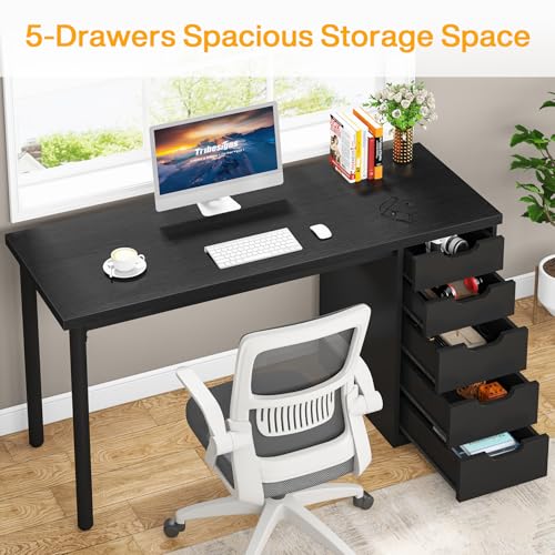 Tribesigns Computer Desk with 5 Drawers, 47 inches Rustic Brown Home Office Desk with Storage, Modern Simple Laptop Desk Study Writing Table for Small Spaces (1, Black)