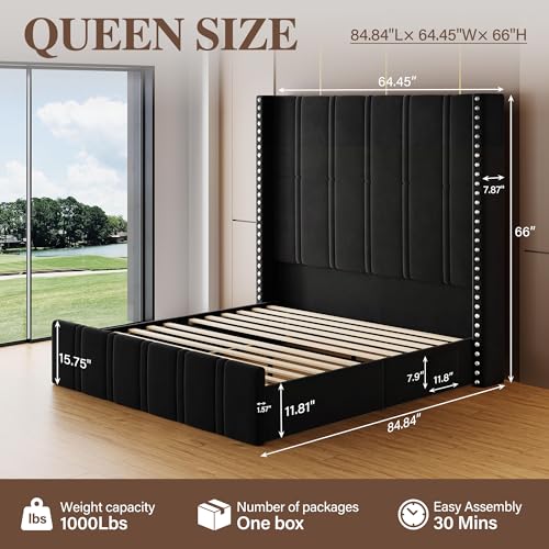 Queen Bed Frame with 65.75" Tall Headboard, Black, view 4