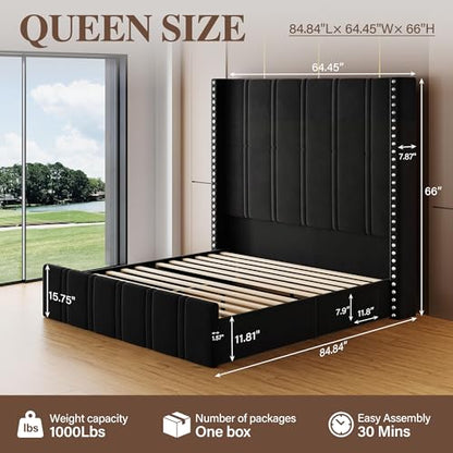 Queen Bed Frame with 65.75" Tall Headboard, Black, view 4