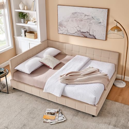 GDFStudio Queen Size Upholstered Velvet Tufted Bed Frame, Sofa Lounge Bed with Backrest and Armrest, Mid-Century Modern Daybed for Living Room, No Box Spring Required,Mattress not Included,Pink