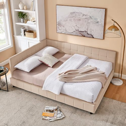 GDFStudio Queen Size Upholstered Velvet Tufted Bed Frame, Sofa Lounge Bed with Backrest and Armrest, Mid-Century Modern Daybed for Living Room, No Box Spring Required,Mattress not Included,Pink