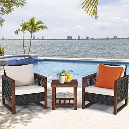 3 Pieces Patio Wicker Furniture Set, Rattan Outdoor Sofa Set w/Washable Cushion & Acacia Wood Coffee Table, Conversation Bistro Set for Garden Balcony Backyard (Beige)