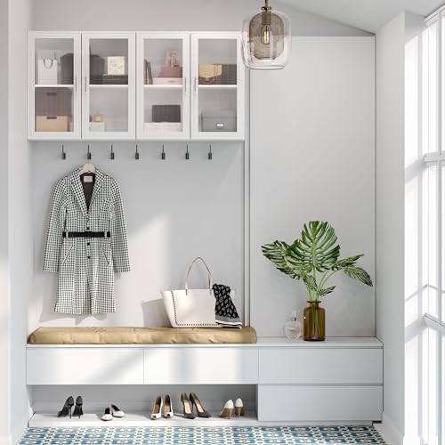 48" Kitchen Wall Cabinets 4 Doors - Laundry Upper Wall Amount Storage Cabinets with Acrylic Soft Glass Doors, in White, One Set of 2 Pieces