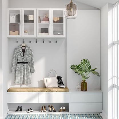 48" Kitchen Wall Cabinets 4 Doors - Laundry Upper Wall Amount Storage Cabinets with Acrylic Soft Glass Doors, in White, One Set of 2 Pieces