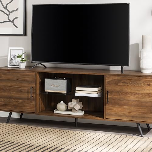 Saxon Mid Century Modern 2 Door Glass Shelf TV Stand for TVs up to 80 Inches, 70 Inch, Dark Walnut