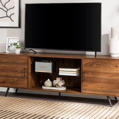 Saxon Mid Century Modern 2 Door Glass Shelf TV Stand for TVs up to 80 Inches, 70 Inch, Dark Walnut