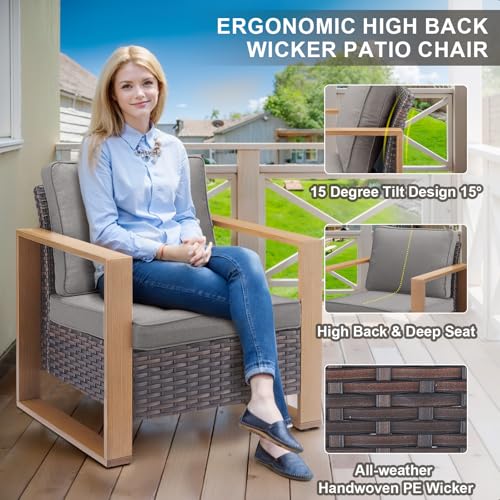 5 Piece Outdoor Wicker Patio Conversation Furniture Set Deep Seating, Metal Wide Armrests Patio Sofa Set with Rattan Chairs Ottomans for Porch Deck Sunroom Backyard