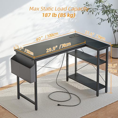 Gaming Desk with Power Outlets, 40 inch L Shaped Computer Desk, view 4