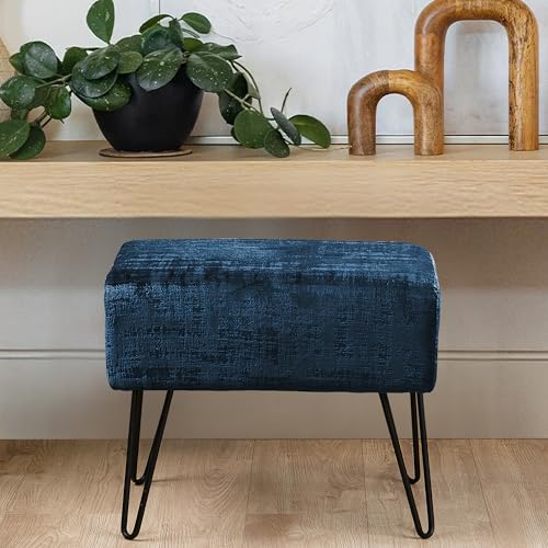 Majolica Blue Fuzzy Velvet Ottoman, 19" Rectangular Foot Rest Stool for Living Room, Small Space Entryway Bench Shoes for Bedroom End of Bed, Decorative Makeup Stool for Adults