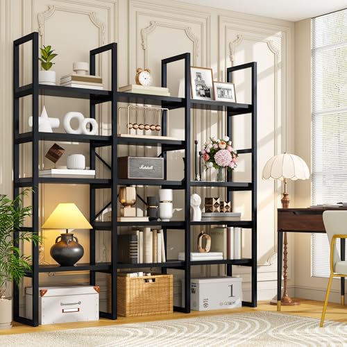 Large Bookshelf 5 Tiers, Triple Wide Geometric Bookcase, 71 Inches Tall Industrial Book Shelves Etagere Book Case, Sturdy Metal Frame, Freestanding Display Shelving Unit (Black)