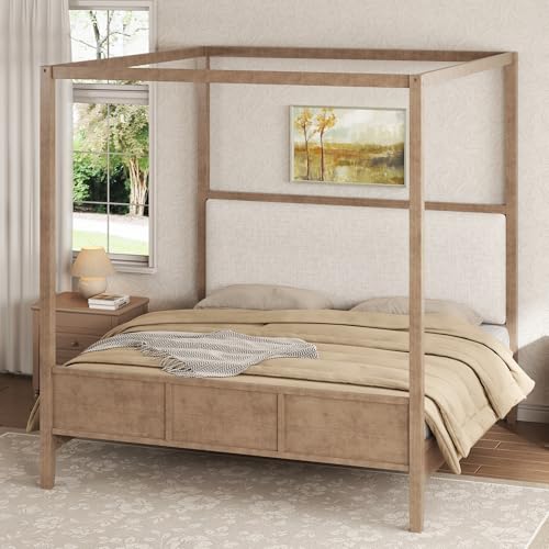 King Size Canopy Bed with Linen Headboard and 4-Poster, Walnut, view 5