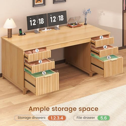 55.1" Fluted Office Desk with 6 Drawers, Modern Executive Desk with Acrylic File Drawers, Computer Desk with Power outlets for Home Office and Study, Natural