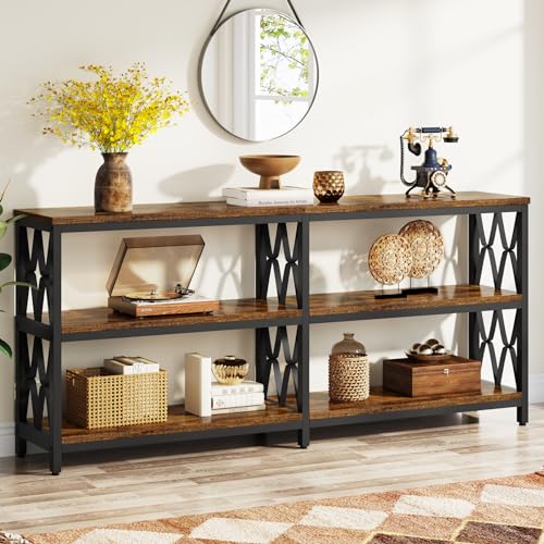 Console Table with Storage Shelves, 70.9" Industrial 3-Tier Sofa Table for Living Room, Long Foyer Table Entryway Table for Hallway, Front Door, Entrance, Rustic Brown & Black