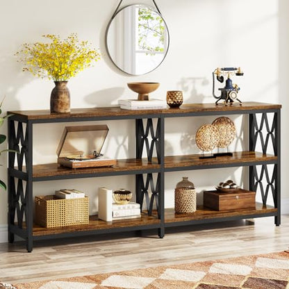 Console Table with Storage Shelves, 70.9" Industrial 3-Tier Sofa Table for Living Room, Long Foyer Table Entryway Table for Hallway, Front Door, Entrance, Rustic Brown & Black
