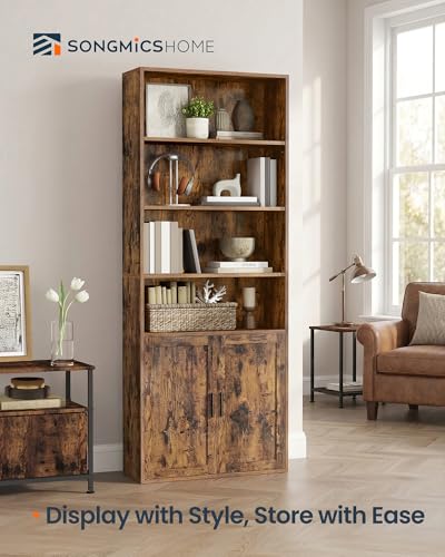 6-Tier Bookshelf with Doors, Tall Bookcase Storage Shelf, Narrow Shelving Unit with Cabinet for Living Room, Home Office, Dining Room, Space Saving, Brown