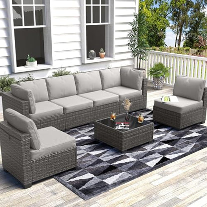 7 Piece Outdoor Patio Furniture Set, PE Rattan Conversation Sofa Set, Wicker Patio Set w/Thick Cushions & Glass Top Coffee Table, All-Weather Outside Furniture for Garden, Balcony, Porch(Grey)