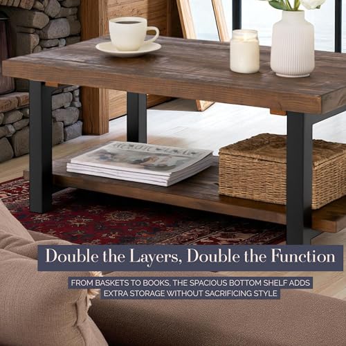 Pomona 42-Inch Rectangular Solid Wood Coffee Table with Storage Shelf & Metal Legs – Rustic Industrial Farmhouse Living Room Table by (Rustic Natural)