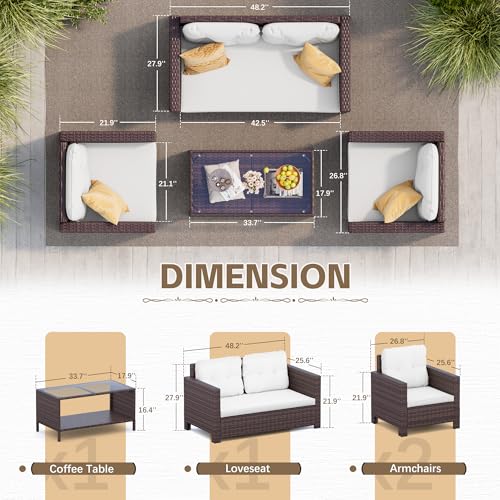 4 Pieces Patio Furniture Sets Rattan Chair Wicker Conversation Sofa Set, Outdoor Indoor Backyard Porch Garden Poolside Balcony Use (Beige)