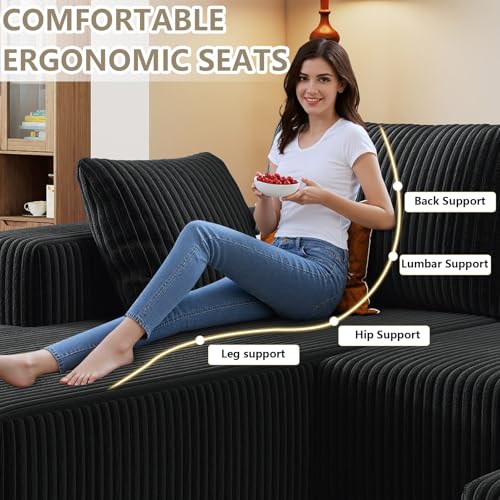 96" Cloud Sectional Couch with U-Shaped Chaise, Corduroy Sectional Sofa with Ottoman, Boneless Couch with Deep Seat in a Box for Living Room, No Assembly Required (Black, Left Facing Chaise)