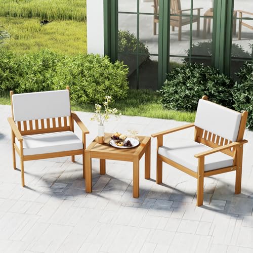 3-piece Patio Furniture Set Acacia Wood Patio Bistro Set Outdoor Chat Conversation Table Chair Set Wood Chat Set with Water Resistant Cushions and Coffee Table Chairs for Beach Backyard Garden