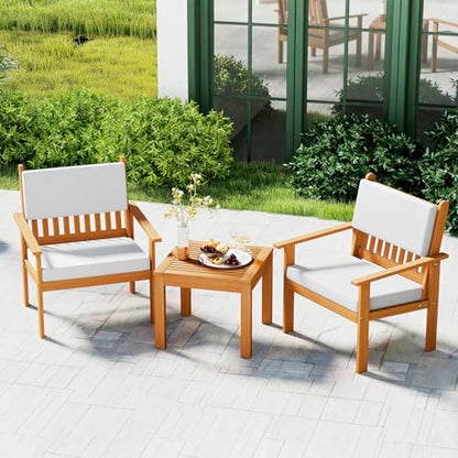 3-piece Patio Furniture Set Acacia Wood Patio Bistro Set Outdoor Chat Conversation Table Chair Set Wood Chat Set with Water Resistant Cushions and Coffee Table Chairs for Beach Backyard Garden