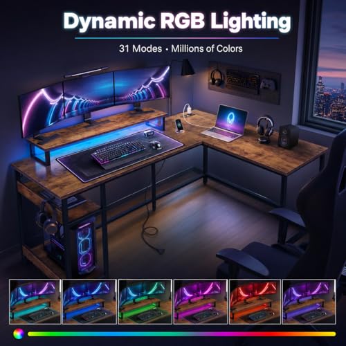 60 Inch L Shaped Gaming Desk with LED Lights, Rustic Brown, view 5