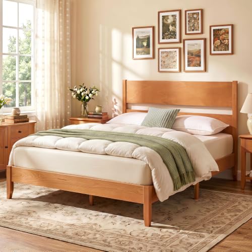 Full Size Wooden Bed Frame with Slatted Headboard (Warm Brown), view 2