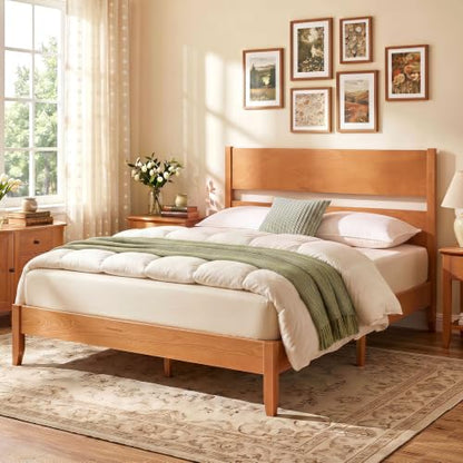 Full Size Wooden Bed Frame with Slatted Headboard (Warm Brown), view 2