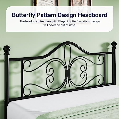 Metal Queen Platform Bed Frame, Butterfly Pattern Design, Black, view 6