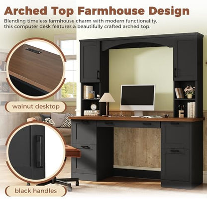 Farmhouse Arched 67" Computer Desk with Power Outlets & Keyboard Tray, view 6