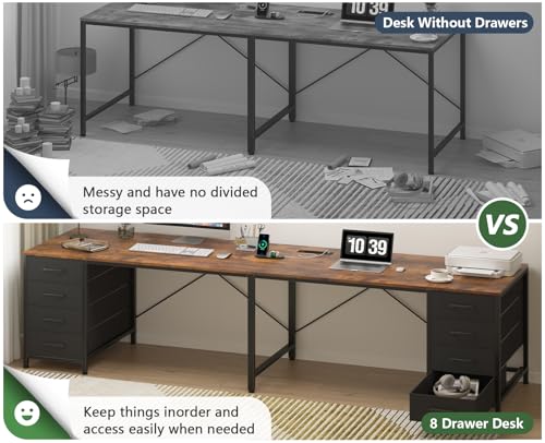 95" 2 Person Desk with 8 Drawers, Large Writing Home Office Desks with Outlets, I Shaped Workstation Double Desk Drawer Organizers (Rustic)