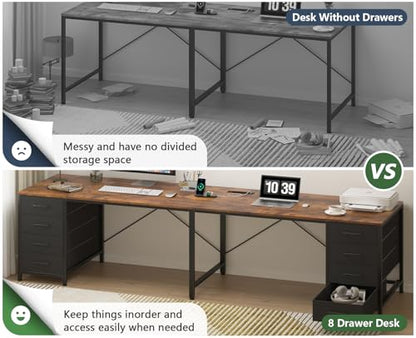 95" 2 Person Desk with 8 Drawers, Large Writing Home Office Desks with Outlets, I Shaped Workstation Double Desk Drawer Organizers (Rustic)