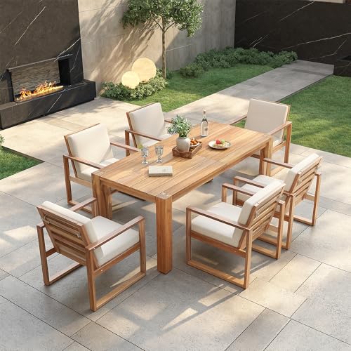 7 Piece Patio Dining Table Set with Umbrella Hole, Outdoor Acacia Wood Furniture Set with Removable Cushion for Garden, Backyard, Lawn, Poolside (Beige,Light Teak)