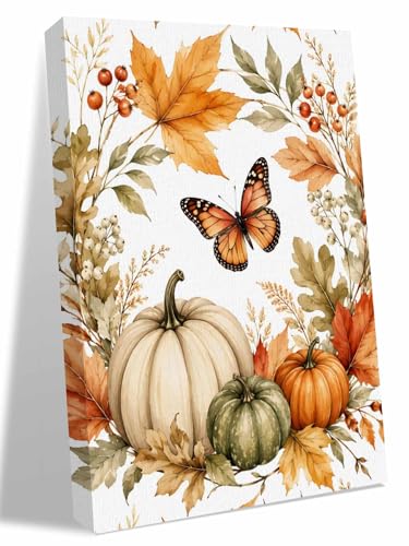 NuYeBiofx Fall Thanksgiving Pumpkin Berry Canvas Wall Art Prints,30"x20" Framed Picture Artwork Autumn Maple Leaves Butterfly Printed Canvas Oil Painting for Living Room Bedroom Office,Ready to Hang