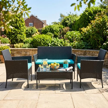 | 4-Piece Patio Furniture Set | Blue | Outdoor Wicker Furniture with Coffee Table | Modern Rattan Chairs Conversation Set | Outdoor Seating | Weather-Resistant | for Porch, Garden, Lawn