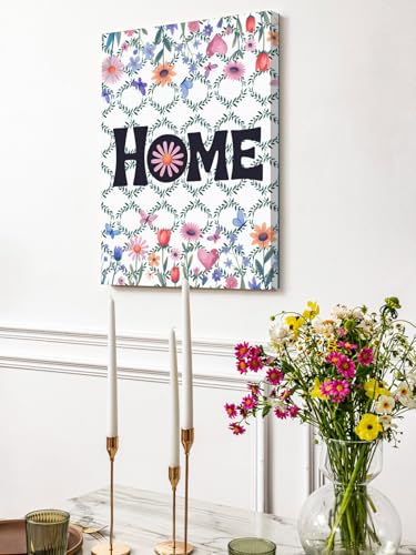 NuYeBiofx Home Words Farmhouse Wildflowers Canvas Wall Art Prints,40"x28" Framed Picture Artwork Pink Border Printed Canvas Oil Painting for Living Room Bedroom Office,Ready to Hang