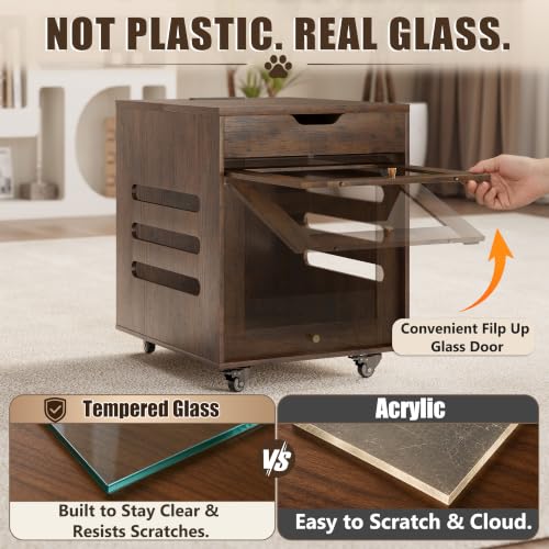 Small Dog Crate Furniture with Flip-Up Glass Door & Lockable Wheels, view 5