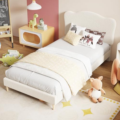 Upholstered Full Size Bed Frame for Kids with Scallop Headboard, Cute Velvet Full Bed for Girls, Boys, Sturdy Platform Bed, No Box Spring Needed, Wooden Slats, Noise Free, Beige