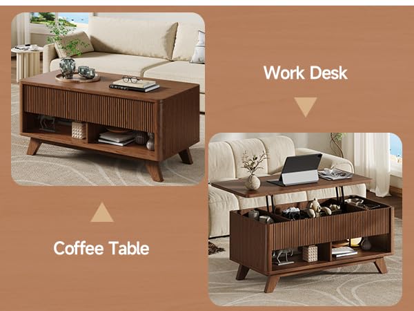 Farmhouse Lift Top Coffee Table, Mid Century Modern Coffee Table with Hidden Storage Compartment, Fluted Rising Pull up Wood Modern Center for Living Room, Office, Walnut